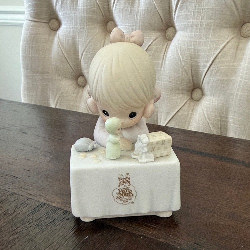 Precious Moments Figurine in Cream and Pale Pink with Mint Duck